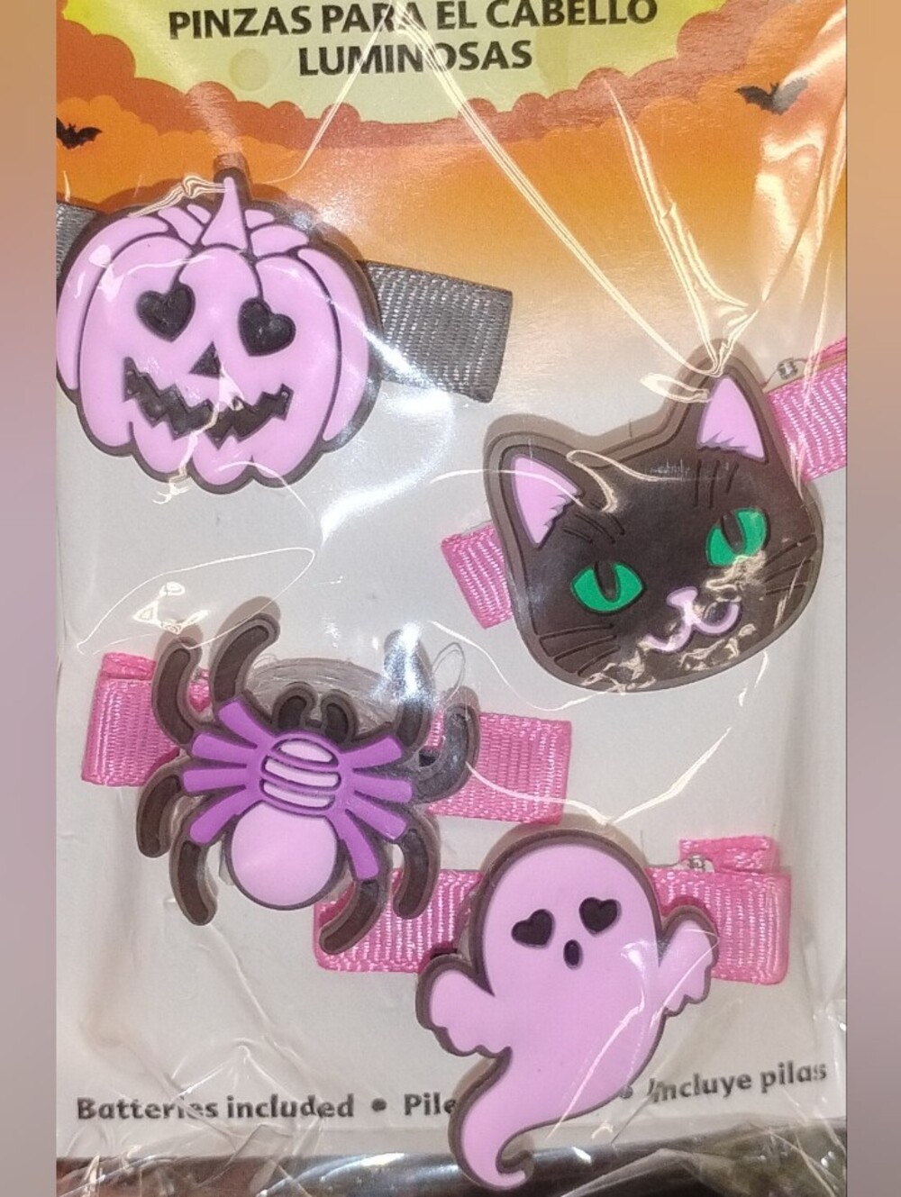 Girls Halloween Pink Hair Clips Set with Pumpkin, Cat, Spider & Ghost